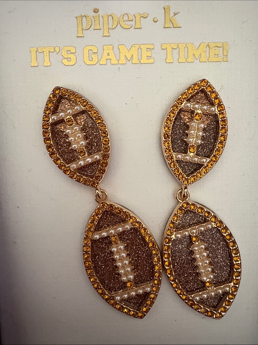 Piper Gold and Brown Glitter Football Drop Earrings